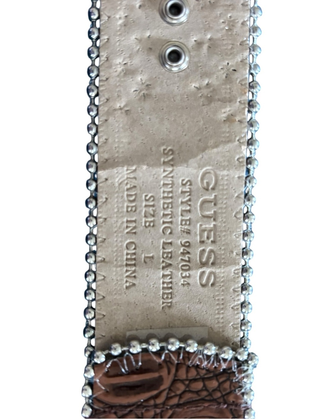 VTG Guess Faux Leather Rhinestone Metal Studded Western Belt Sz L Brown Buckle - Picture 5 of 5
